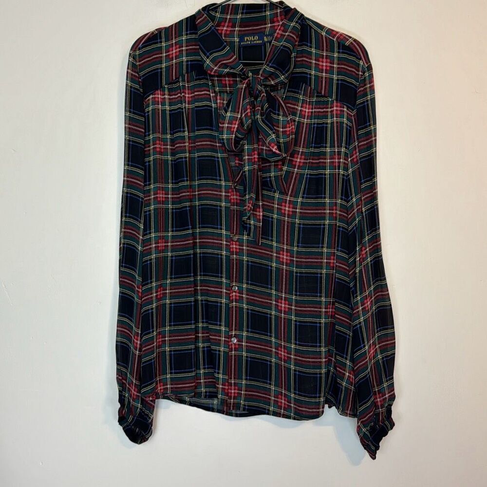 Polo by Ralph Lauren Navy Plaid Bow-Tie Blouse with Red and Green